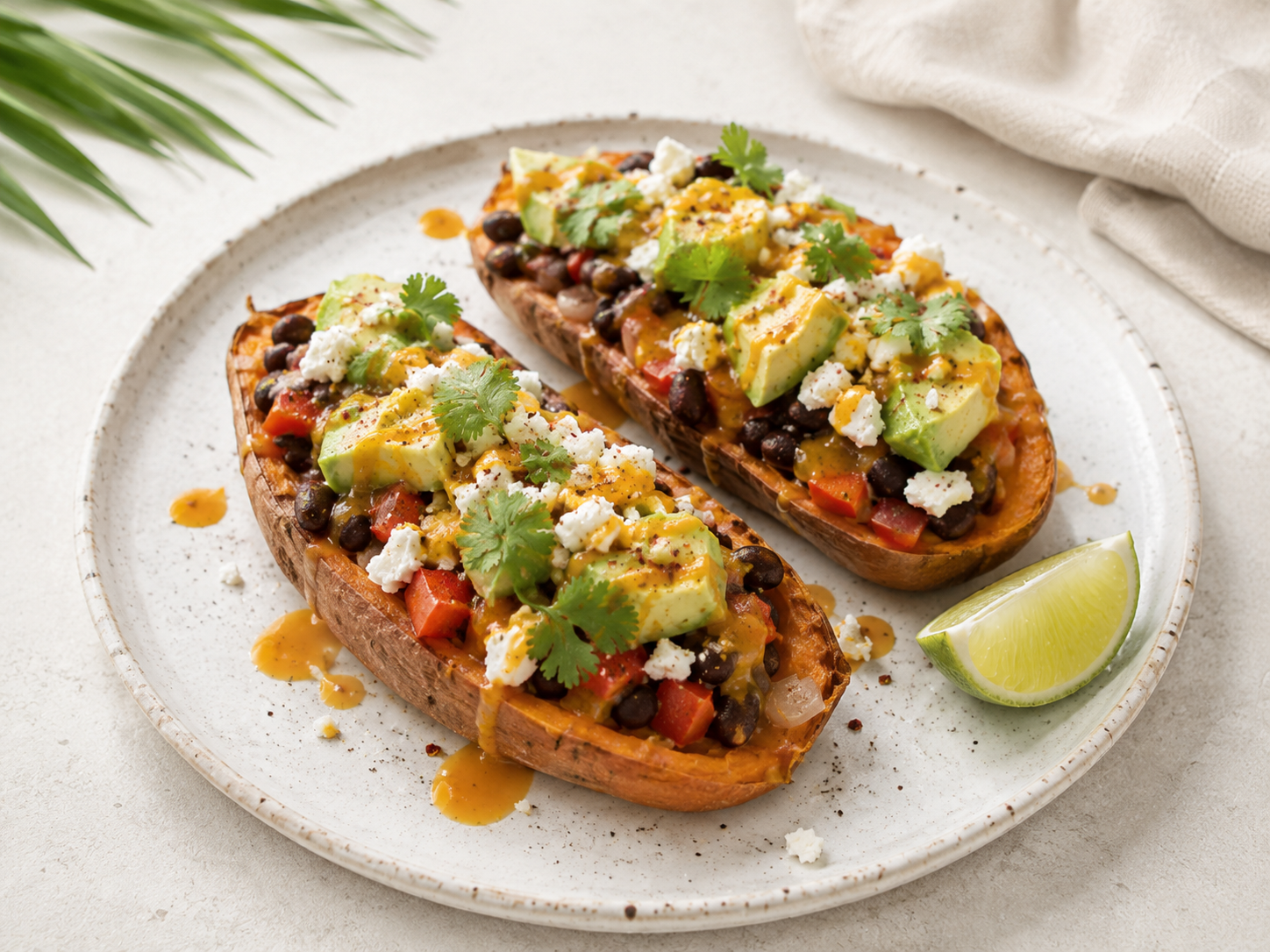 Geroosterde zoete aardappel met zwarte bonen & feta